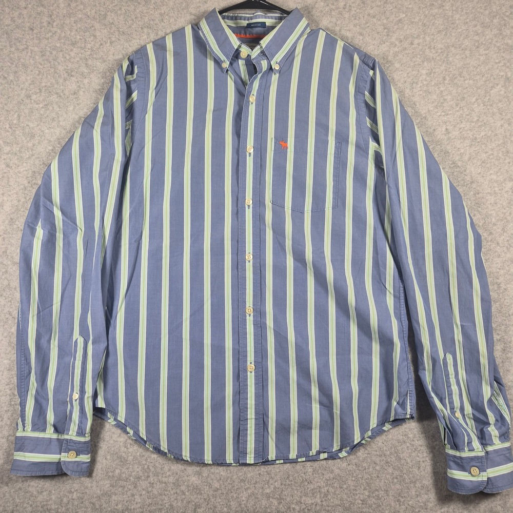 VTG Abercrombie & Fitch Button Down Shirt Mens XL Blue Green Striped Muscle Fit